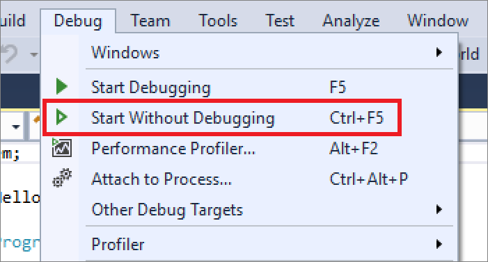 Zrzut ekranu przedstawiający element menu Debuguj > uruchamianie bez debugowania.