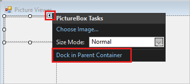 Zrzut ekranu przedstawia okno dialogowe Zadania PictureBox z wyróżnioną funkcją Dock w kontenerze nadrzędnym.