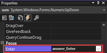 Zrzut ekranu przedstawiający okno dialogowe Właściwości z wybranym zdarzeniem Enter. Pole metody zawiera answer_Enter.