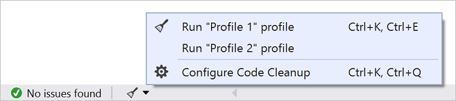 Zrzut ekranu przedstawiający ikonę i menu Oczyszczanie kodu w programie Visual Studio.