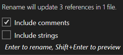 Zrzut ekranu przedstawiający okno dialogowe zmiany nazwy w programie Visual Studio 2022.