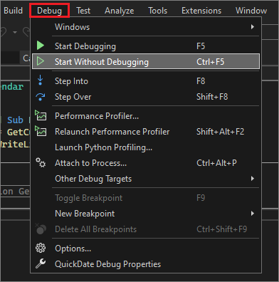 Zrzut ekranu przedstawiający element menu Debuguj > uruchamianie bez debugowania.