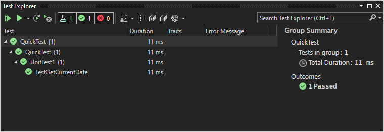 zrzut ekranu Eksploratora testów w programie Visual Studio pokazujący, że test TestGetCurrentDate zakończył się pomyślnie.