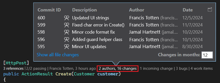 Zrzut ekranu przedstawiający dane historii zmian dla kodu w funkcji CodeLens dla programu Visual Studio.