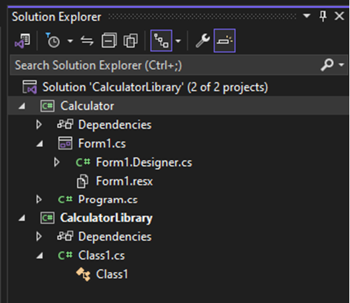 Zrzut ekranu przedstawiający dwa projekty w programie Visual Studio Eksplorator rozwiązań.