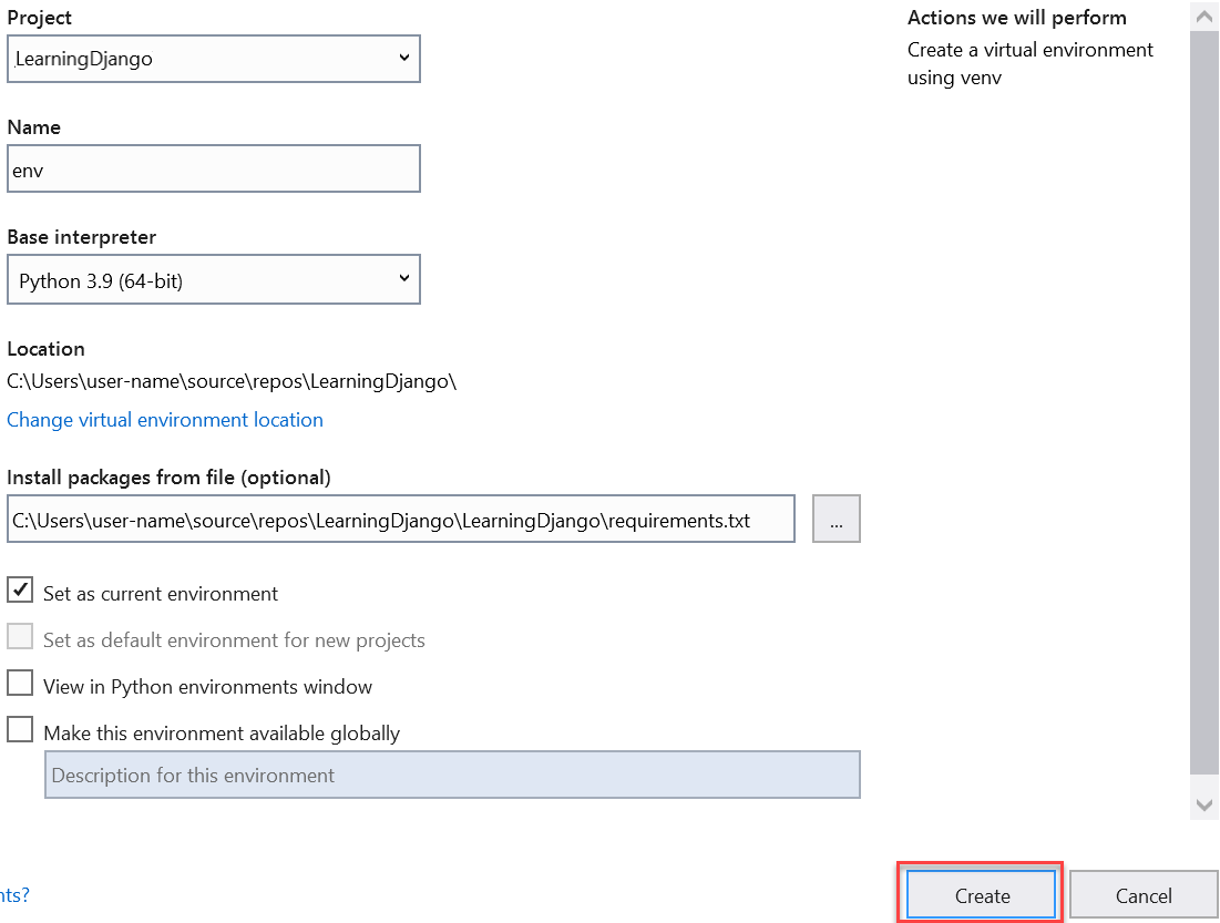 Add virtual environment dialog with requirements.txt message.