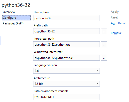 Zakładka konfiguracyjna środowisk języka Python