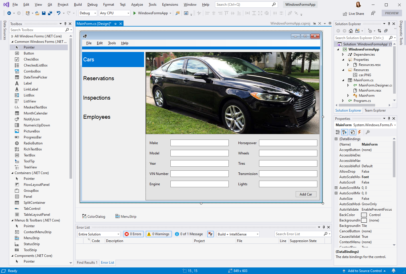 Projektant formularzy systemu Windows dla platformy .NET Core