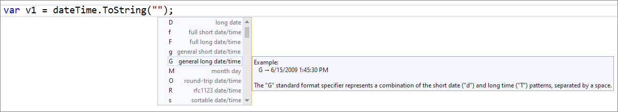 Uzupełnianie funkcji IntelliSense w literałach ciągu DateTime i TimeSpan