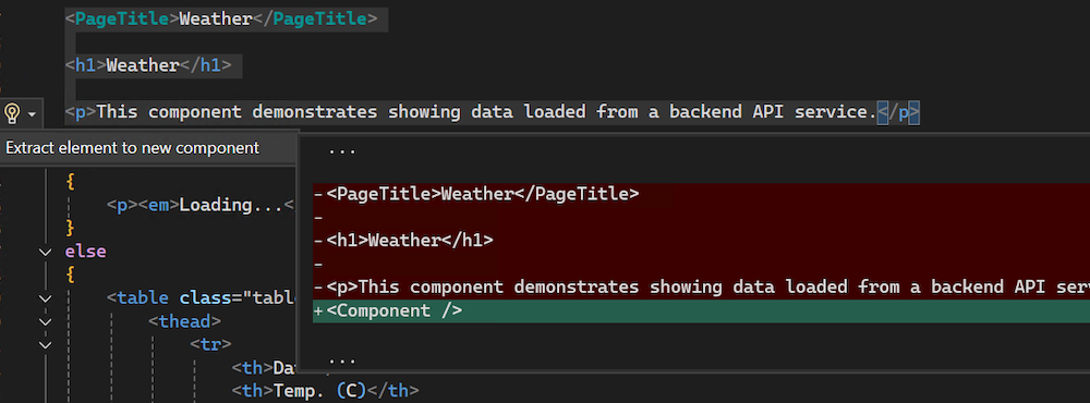 Przykład wyodrębniania znaczników HTML do nowego składnika Razor