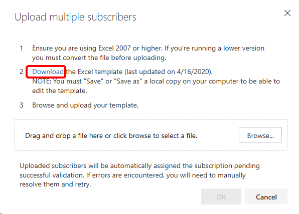Pobieranie szablonu programu Excel w celu przekazania wielu subskrybentów