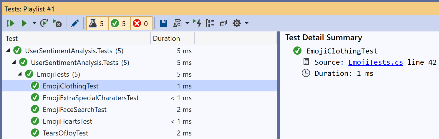 Zrzut ekranu przedstawiający listę odtwarzania otwartą na osobnej karcie Test Explorer.