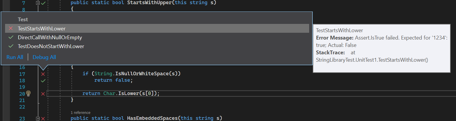 Zrzut ekranu przedstawiający informacje o etykietce narzędzia testowego w programie Visual Studio, które zakończyły się niepowodzeniem.