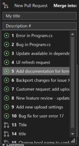 Nowe żądanie Pull Request z numerem # w polu opisu oraz lista powiązanych problemów i żądań Pull Request z GitHub wyświetlanych w programie Visual Studio 2022.