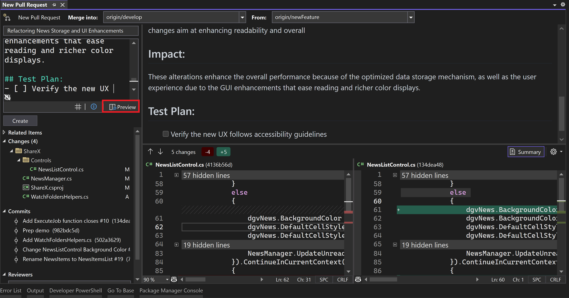 Okno Nowego Żądania Ściągnięcia z tekstem przycisku Podglądu wyróżnionym w programie Visual Studio 2022.