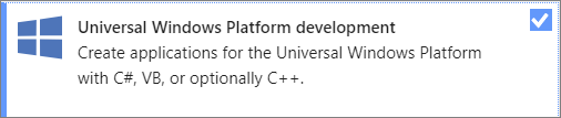 Zrzut ekranu przedstawiający pakiet roboczy Programowanie na platformie uniwersalnej systemu Windows (UWP) z instalatora programu Visual Studio