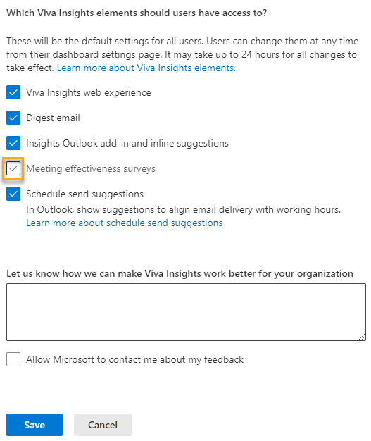 Screenshot that shows the Viva Insights elements pane in the Viva Insights admin collection.