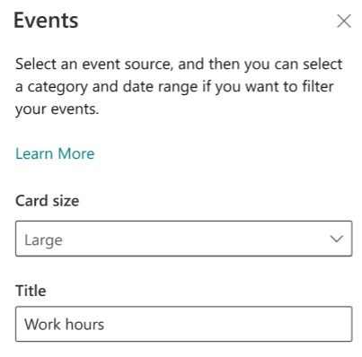 Screenshot of the Events card properties pane.