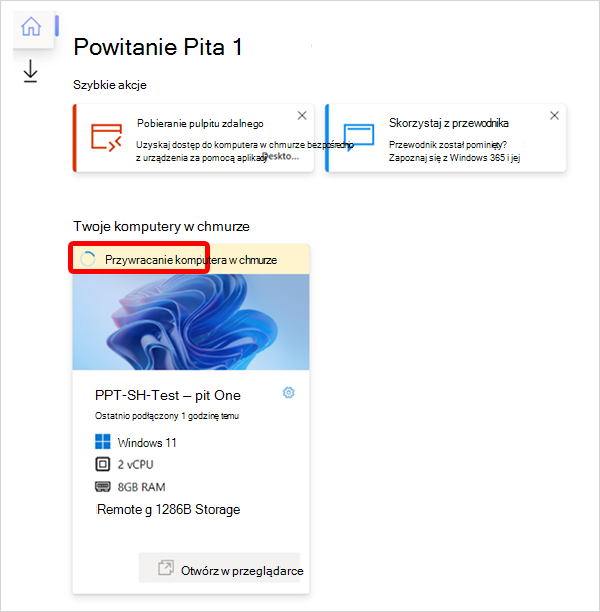 Zrzut ekranu przedstawiający stan przywracania użytkownika końcowego