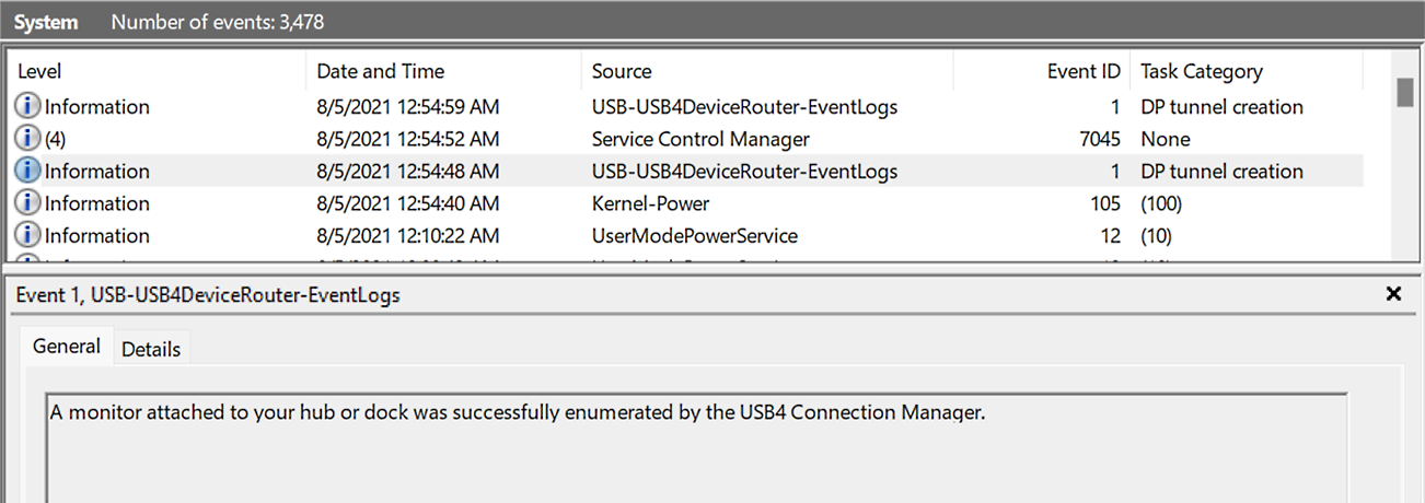 Screenshot of a Windows event log entry indicating that a display tunnel was successfully enumerated by the connection manager.