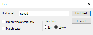 Find dialog box with the term 'sysvad' entered in the search field.