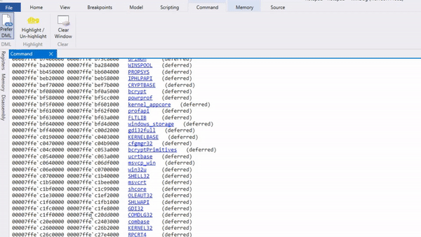 Screenshot of the command window in WinDbg with columns highlighted in yellow.