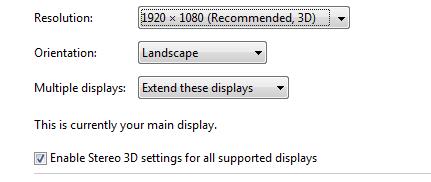 Screenshot of the stereoscopic display setting in the Screen Resolution control panel on Windows 8.