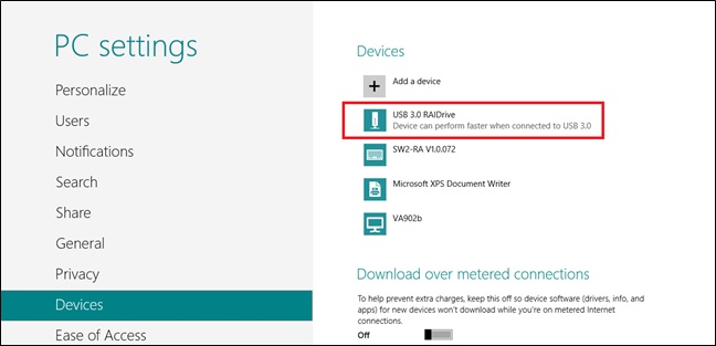 Screenshot that shows "Devices" selected and "U S B 3.0 RAIDrive" highlighted with the message "Device can perform faster when connected to U S B 3.0".