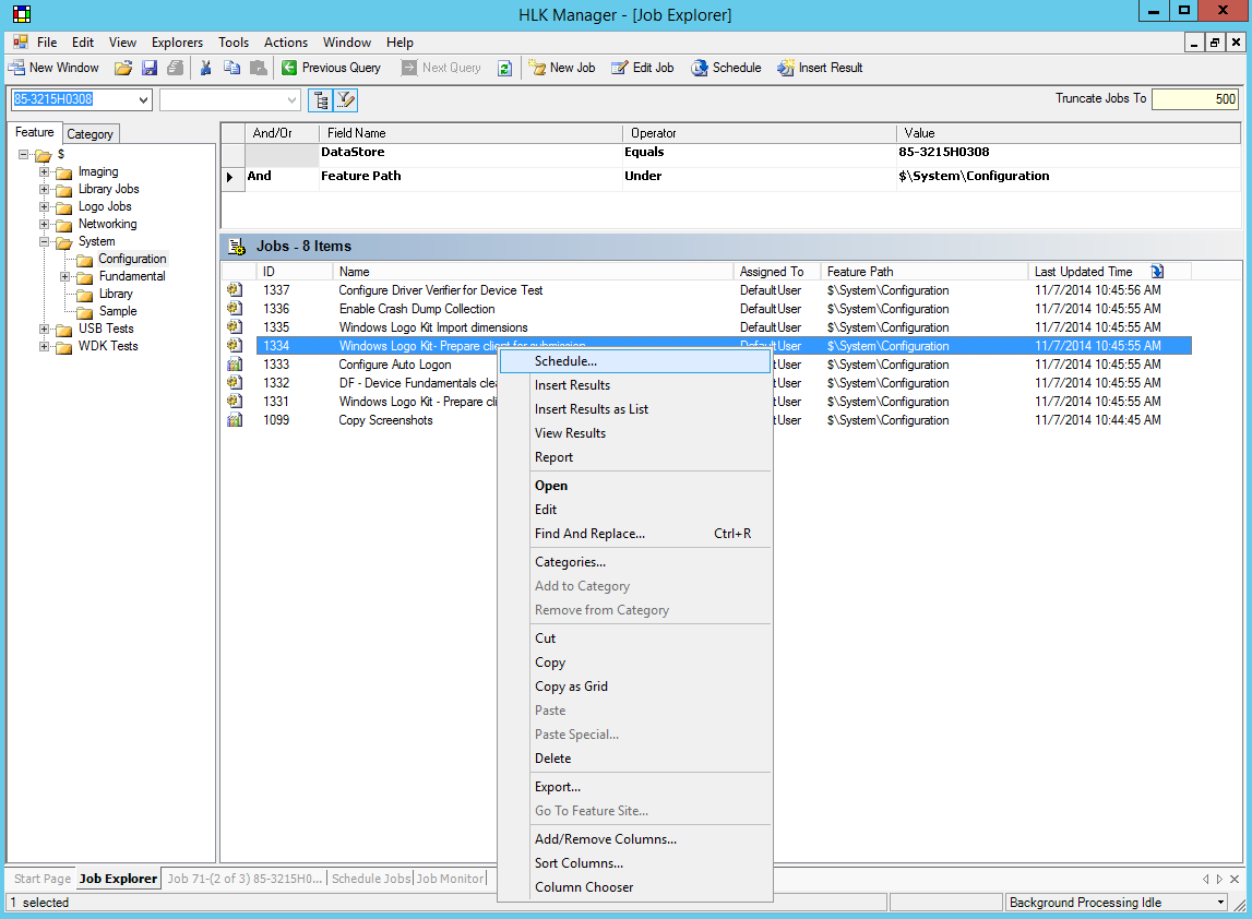 Selecting Schedule in HLK Manager