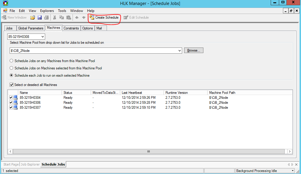 Screenshot of HLK Manager showing Machines tab and Create Schedule button on the top menu bar