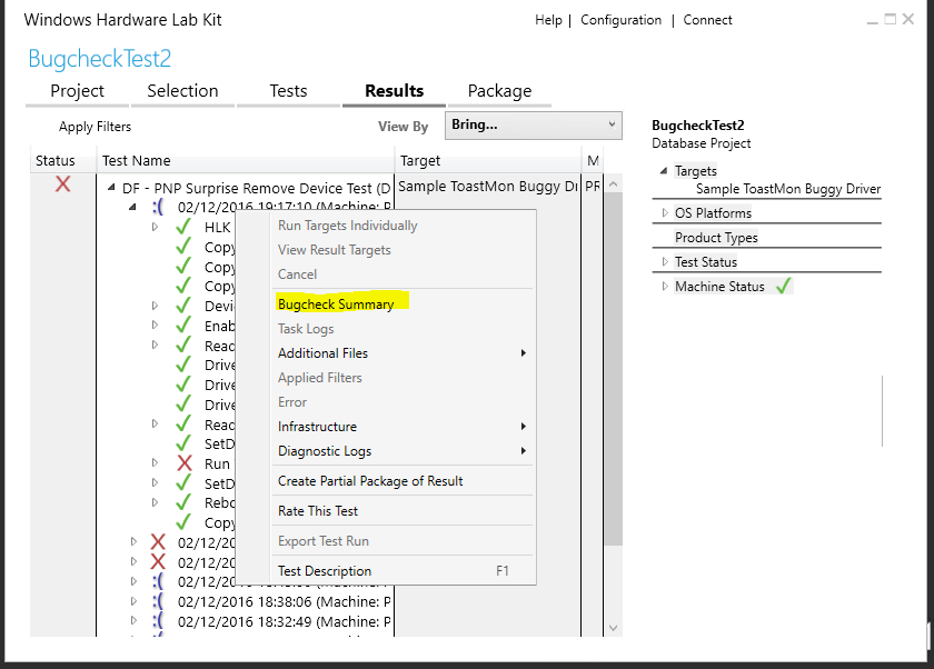 context menu showing bugcheck summary option