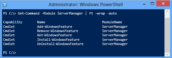 Zrzut ekranu przedstawiający okno terminalu, w którym pokazano, gdzie znaleźć polecenie cmdlet Install-WindowsFeature.