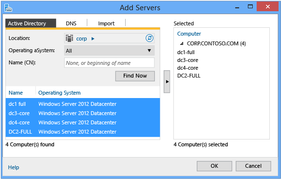 Zrzut ekranu przedstawiający kartę Active Directory w oknie dialogowym Dodaj Serwery.