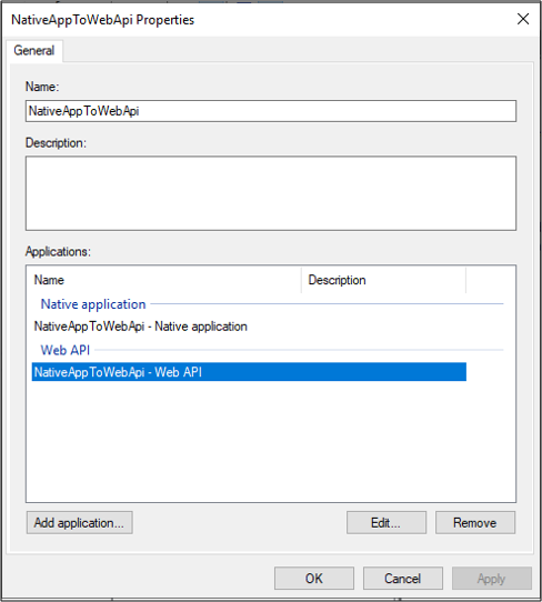 Screenshot of the NativeAppToWebApi Properties dialog box showing the NativeAppToWebApi - Web A P I application highlighted.