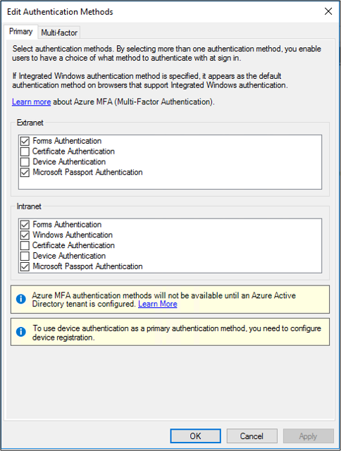 Screenshot that shows the Edit Authentication Methods pane.