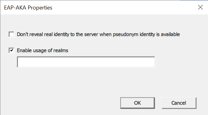 Screenshot showing the EAP-AKA Properties dialog.