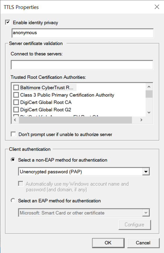 Screenshot showing the TTLS Properties dialog.