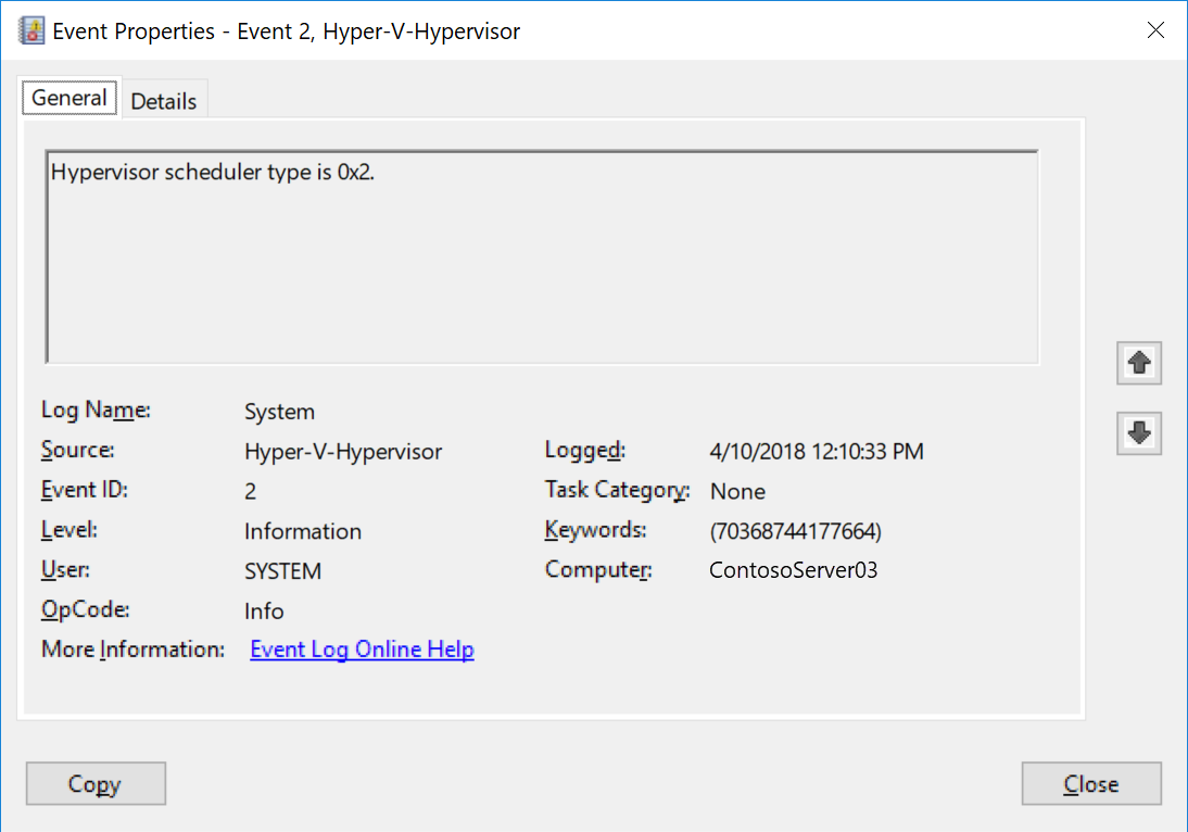 A screenshot of the hypervisor launch event ID 2 properties window. The user has selected the General tab, showing that the hypervisor scheduler type is 0x2.