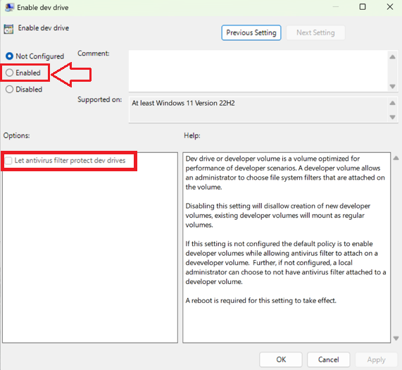 Screenshot of Dev Drive Enabled checkbox in Local Group Policy Editor