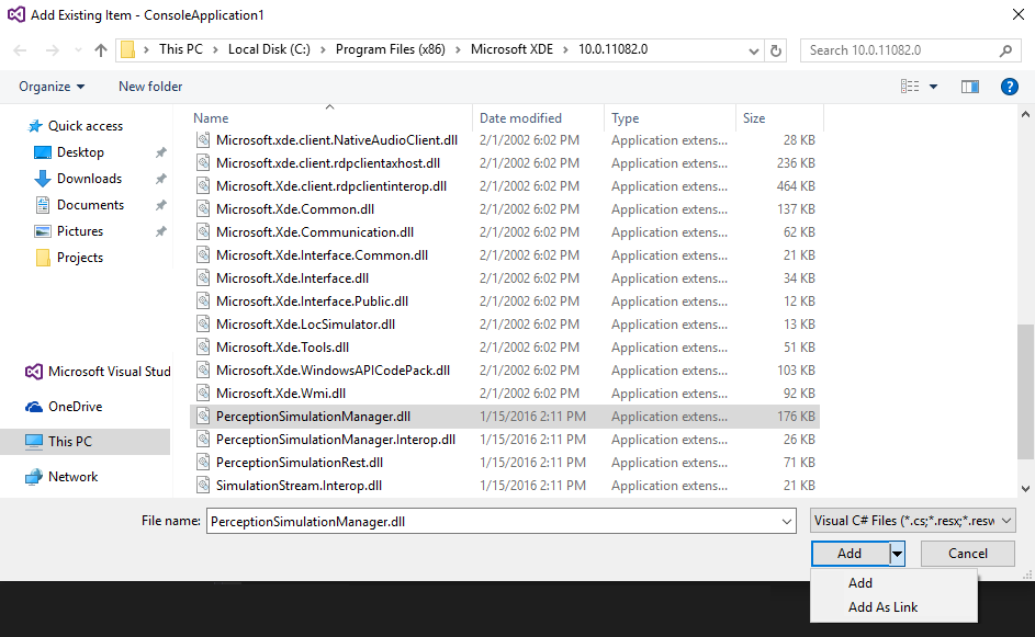 Dodawanie PerceptionSimulationManager.dll do projektu jako linku