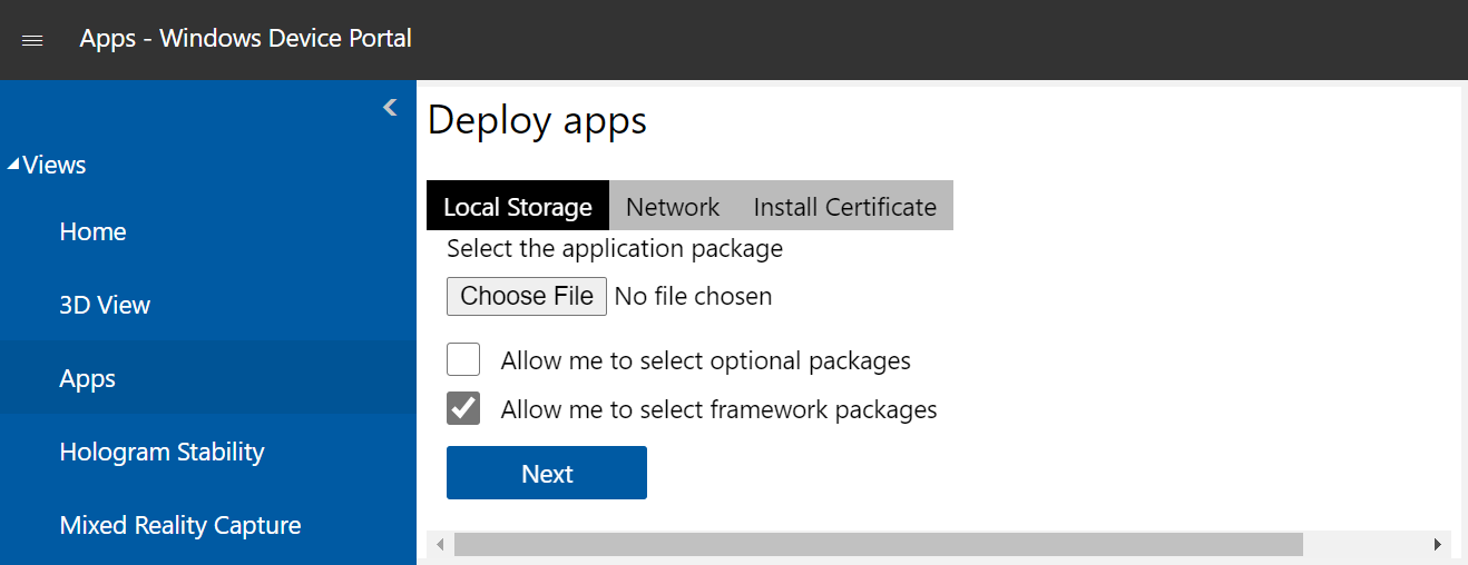 Zrzut ekranu przedstawiający stronę Menedżera aplikacji otwartą w portalu urządzeń z systemem Windows z wyróżnioną kartą Magazyn lokalny