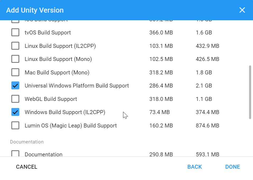 Opcja obsługa kompilacji platforma uniwersalna systemu Windows aparatu Unity