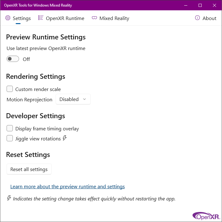 Karta Ustawienia aplikacji OpenXR Tools for Windows Mixed Reality