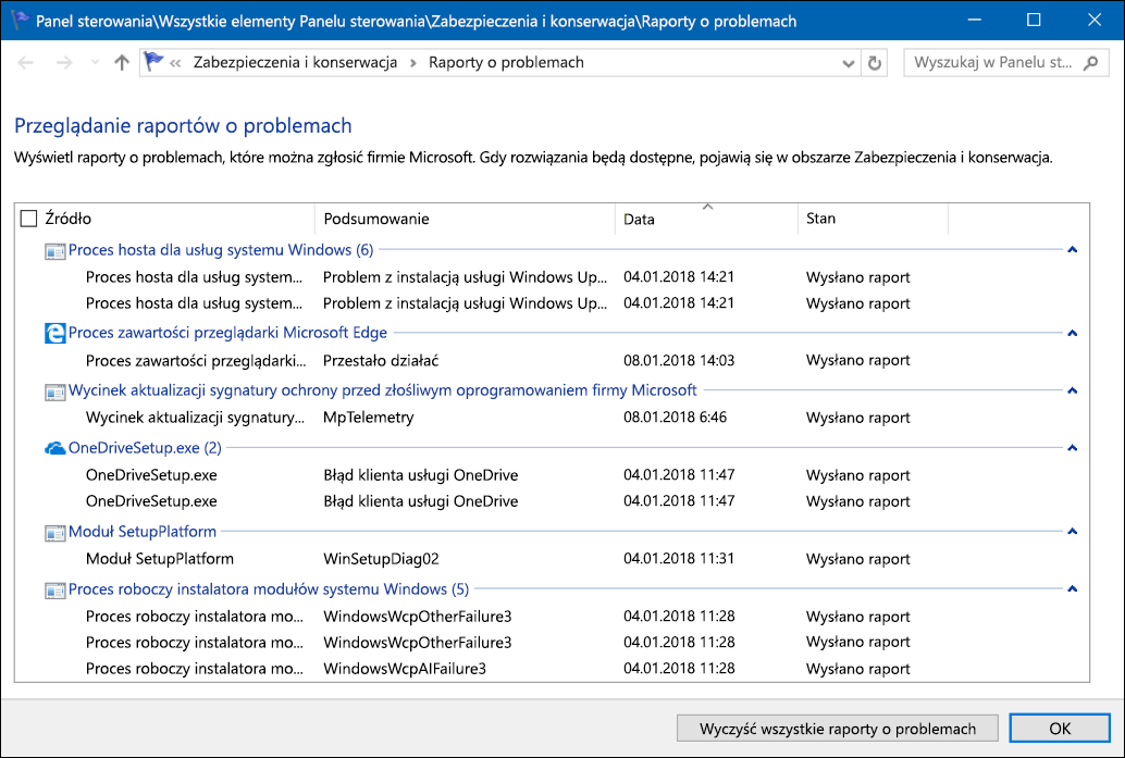 Narzędzie Wyświetl raporty o problemach ze statusami raportów.