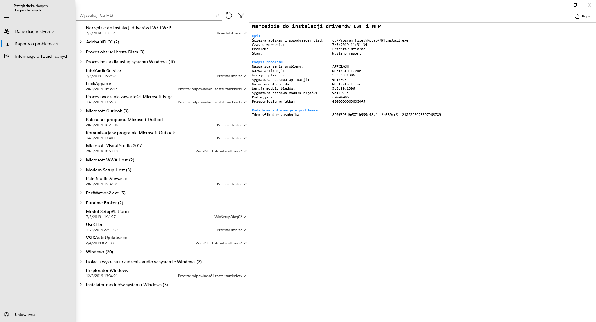 Od wersji 1809 systemu Windows oraz w systemie Windows 11 możesz przeglądać dane diagnostyczne raportowania błędów systemu Windows w aplikacji Przeglądarka danych diagnostycznych.