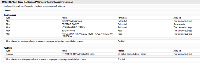 default acl for runonce key.