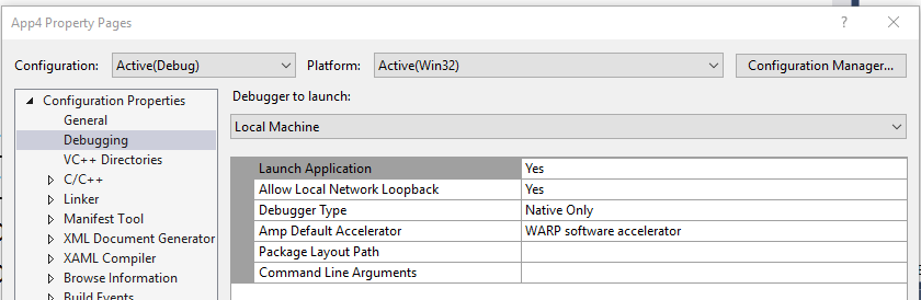 Screenshot of the App 4 Property Pages with Configuration Properties > Debugging option selected showing Command Line Arguments property isted in the table.