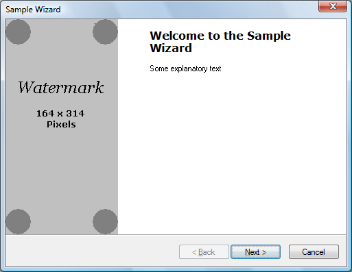 screen shot showing a wizard page with a graphic on the left, title and body text on the right, and back, next and cancel buttons at the bottom