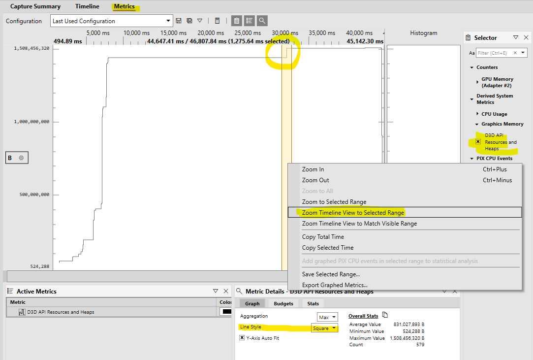 Viewing D3D API Object Memory Usage in Metrics view