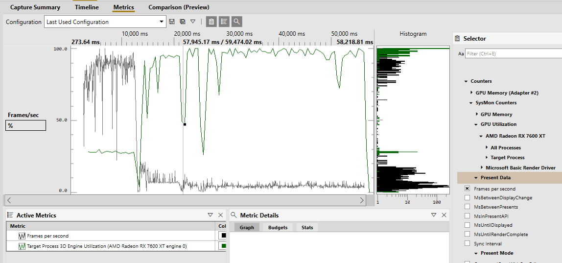 Viewing frames per second and GPU utilization in Metrics view